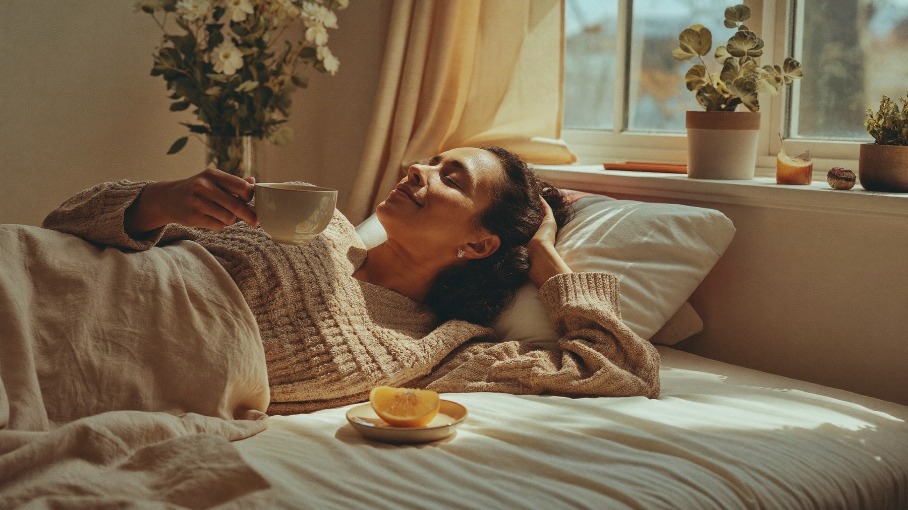 Atmosfera wellness del mattino, donna serena con una tisana alla luce naturale